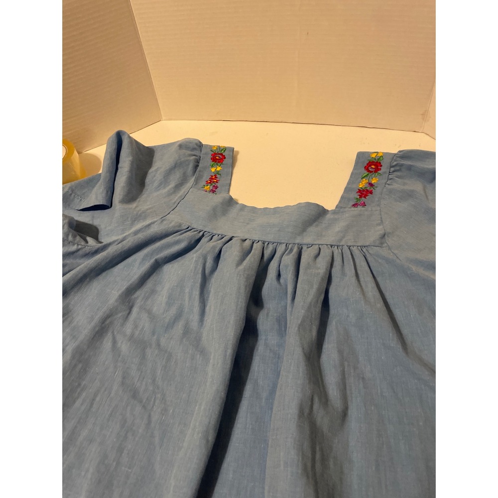 Vintage Style Blue Chambray Floral Embroidered Square Neck Peasant Dress Pockets - Picture 4 of 7